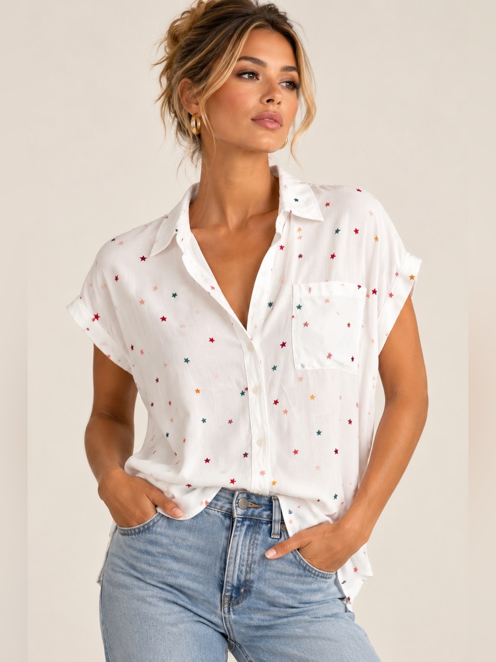 Rails Whitney Star Print Button Down Top White Multicolor XL